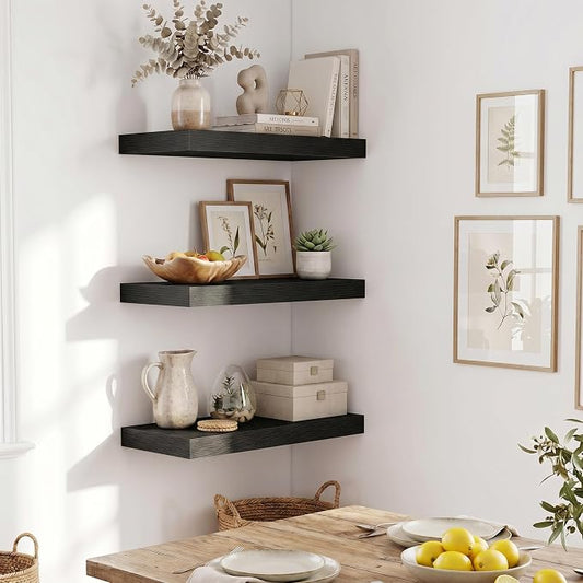 Fun Memories Wood Floating Shelves 20 Inch, 10 Inch Deep Shelves Wall Mount, Wall Shelves with Invisible Bracket, 20" Floating Shelves for Living Room Bathroom Bedroom, Black, Set of 2