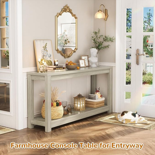 Besiost 47" Farmhouse Wood Entryway Table Narrow Console Table with Storage Behind Couch Sofa Table with Shelves Entry Way Table with Open Storage,Classical Washed Oak