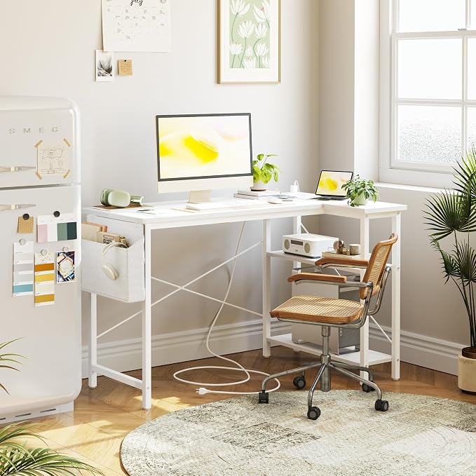 TIQLAB Small Computer Desk with Power Outlets, 40 Inch L Shaped Desk with Reversible Shelves, Gaming Desk Corner Desk Study Writing Desk for Home Office Bedroom Small Space, White