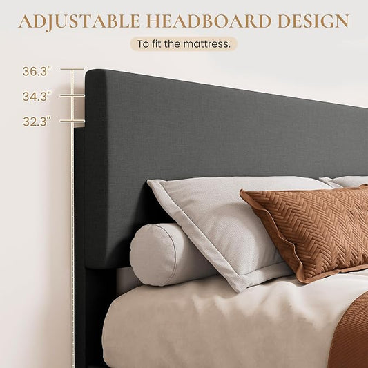SHA CERLIN Linen Upholstered Queen Size Bed Frame with Headboard, Dark Gray | Adjustable Low-Profile Platform Bed, Minimalist Design, Stable Mattress Foundation, Strong Back-Support, No Box Spring Needed