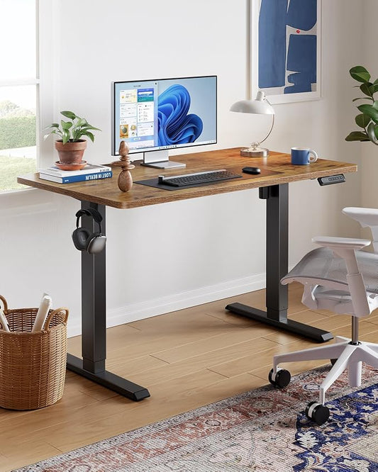 HUANUO Electric Standing Desk,53" x 28" Height Adjustable Desk, 4 Memory Height Settings, Sit to Stand Up Desk for Home Office, with Headphone Hook, Cable Manager, Brown