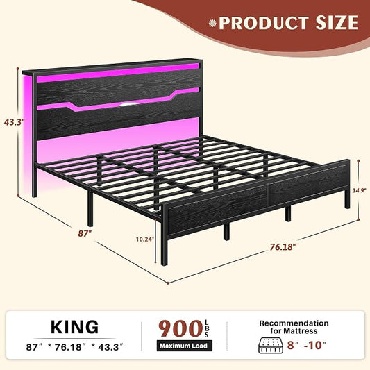 Homkdom King Size Bed Frame with USB Ports & LED Lights, Headboard Shelf, Heavy Duty Metal Platform with 10.24" Underbed Storage, Noise-Free Slats, No Box Spring Needed, Modern Black