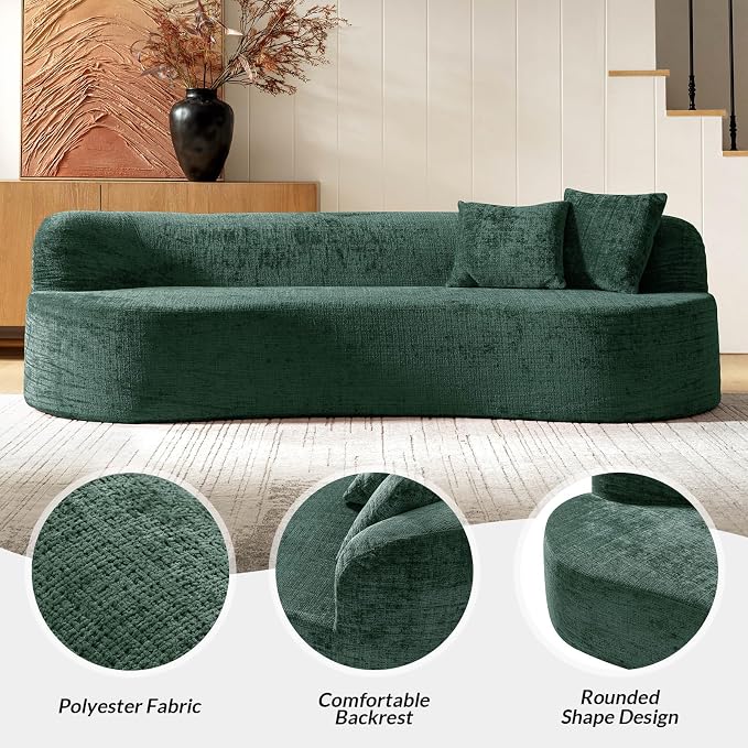 95" Modern Curved Compressed Sofa, All-Foam 3-Seater Cloud Couch with 2 Pillows, No Assembly Required Boneless Sofas for Living Room, Olive
