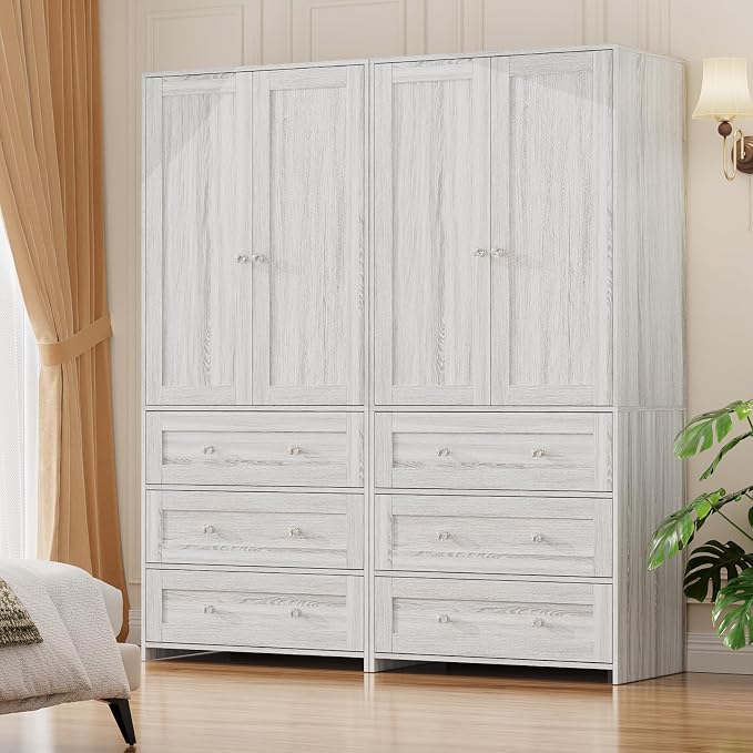 VOWNER Armoire Wardrobe Closet with Drawers and Mirror, 71" Clothing Storage Cabinet with Hanging Rod, 2 Doors Wooden Wardrobe Cabinet for Bedroom, Large Capacity Storage