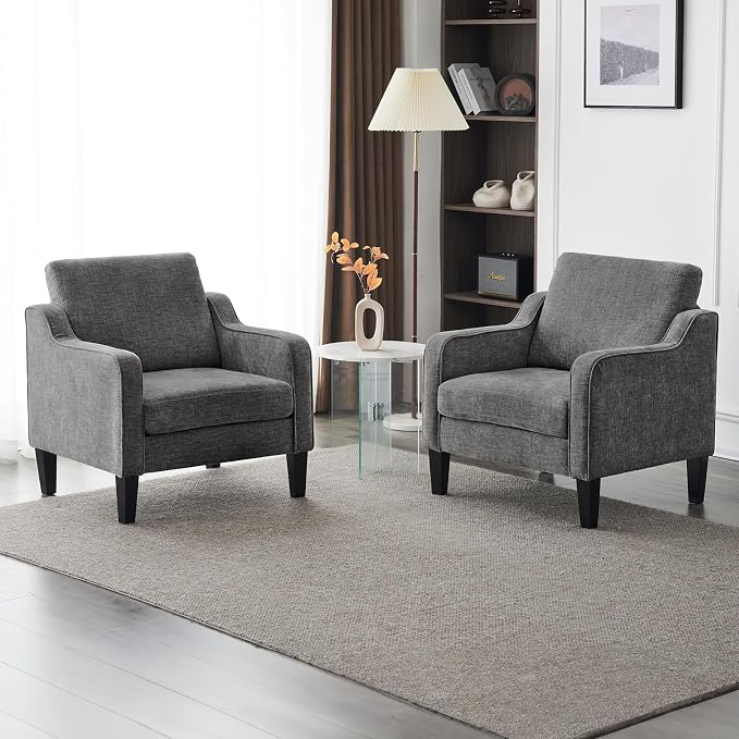 VINGLI Mid Century Modern Accent Chair - Soft Chenille Upholstered Comfy Armchair for Living Room, Bedroom, Home Office, Apartment, Studio (Light Grey)