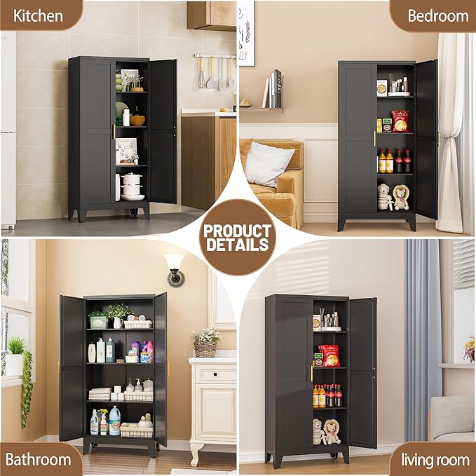 PAOFIN Metal Kitchen Pantry Storage Cabinet with 2 Doors and 3 Adjustable Shelves,Pantry Cabinet with Adjustable Leveling Foot for Kitchen, Living Room, Dining Room(Black)