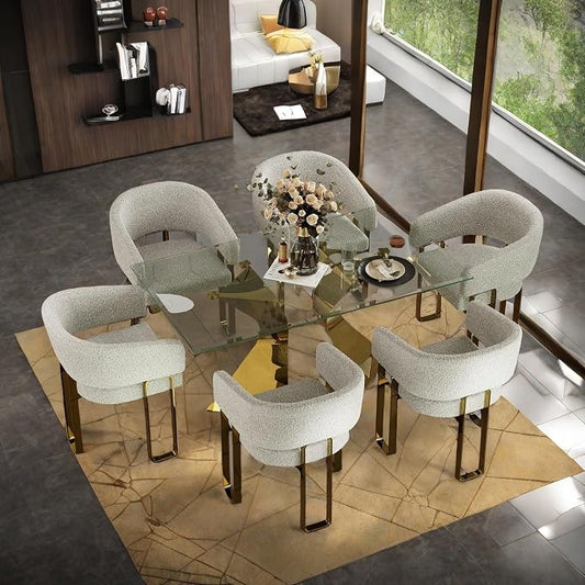 Dining Chairs Set of 6, White and Gold Barrel Boucle Dining Chairs with Arms and U-Shaped Mirrored Gold Legs, Contemporary Side Chairs for Dining Table, Kitchen and Dining Room Restaurant