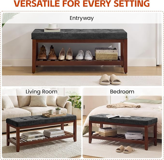 HUBSON 44" Entryway Shoe Bench, Upholstered End of Bed Bench with Solid Wood Shelf, Button Tufted Shoe Bench for Bedroom, Hallway, Living Room, Light Grey