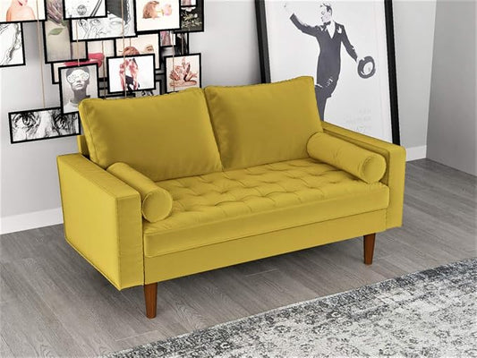 Container Furniture Direct Womble 58 Inch Velvet Loveseat Sofa with Elegant Button Tufted Upholstery, Square Arms, Splayed Wood Legs, Includes Matching Bolster Pillows, Textured Gold