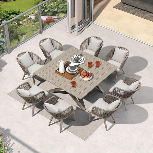 PURPLE LEAF 9 Pieces Outdoor Metal Furniture Set Patio Conversation Sets Dining Set, 1 Square Dining Table and 8 Modern Chairs with Cushions Seat Champagne