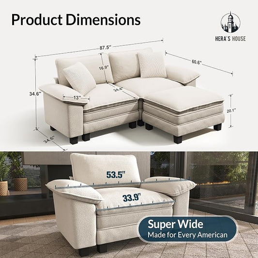 HERA'S HOUSE 88" Modular Sectional Sofa, L Shaped Couches for Living Room, Comfy Cloud Couch with Ottoman, 3-Seater Deep Seat Sofa with Throw Pillow, Chenille Beige