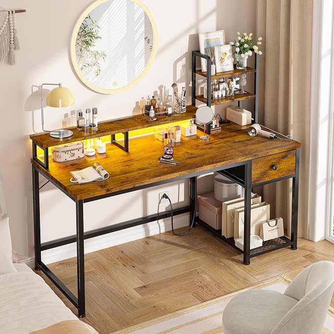 EnHomee 44 Inch Computer Desk with Hutch and Drawers,Reversible Home Office Desk with Monitor Shelf,Small Gaming Desks with USB Power Outlets,Writing Table for Office with LED Lights,Rustic Brown