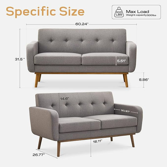 HUIMO Sofa Couch, Mid Century Modern Sofa with Solid Wood Frame, Button Tufted Couch for Bedroom, Living Room, Office, Apartment (Dark Grey, 60 inch)