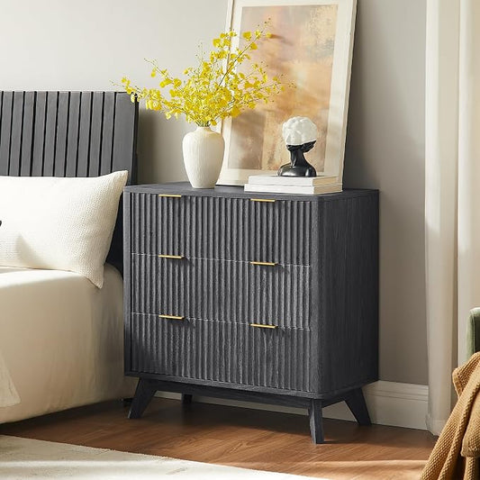 T4TREAM Fluted 3 Drawers Nightstand Set of 2, Oversized Extra Large Modern Side Table, End Table Bedside for Bedroom, Living Room, Curved Profile Design, Dark Alder
