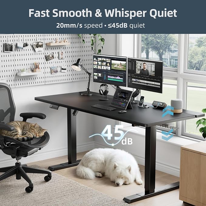 Electric Standing Desk Adjustable - 60 x 30 Inch Sit Stand Desk with Flip-Top Cable Management,Mouse Pad,Clamp Power Strip,Dual-Beam Frame,3 Memory Preset Height Adjustable for Home Office