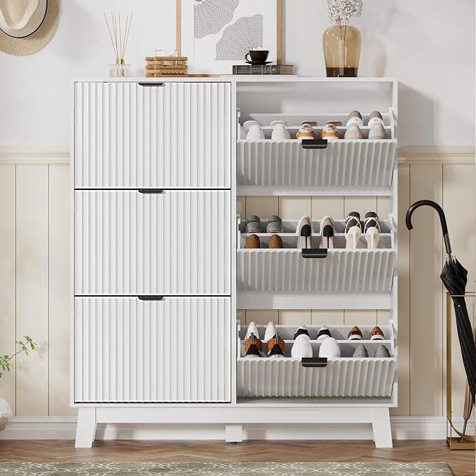 HUANLEGO Shoe Cabinet Storage for Entryway with 6 Flip Drawers, Fluted Narrow Shoe Organizer with Wooden Legs, Freestanding Slim Shoe Storage Hidden Shoe Rack Organizer for Front Door Entrance, White