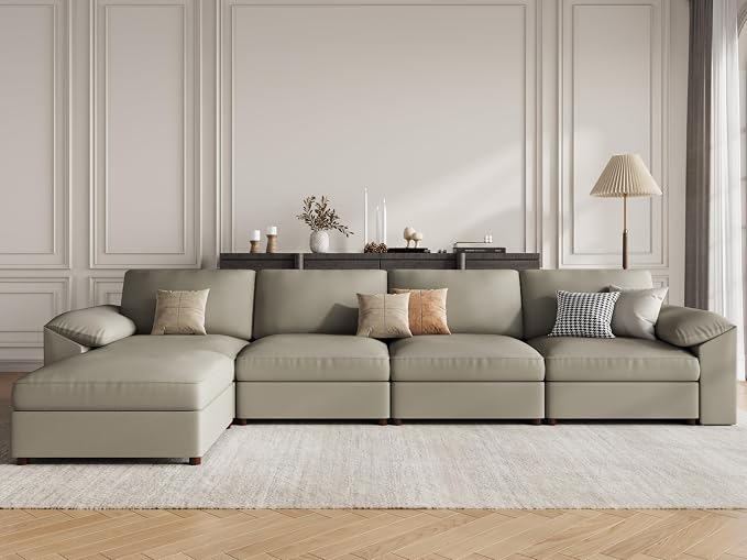 EASE MOOSE Oversized Modular Sectional Sofa,Leather Sectional Couch with Deep Seat,Extra Large L Shaped Couch,Modern Comfy Scratch Resistant Faux Leather Material Sofa,Light Grey