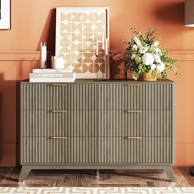 VINGLI Fluted Grey Dresser 6 Drawer Gray Dresser with Rounded Edges, Grey Dressers for Bedroom, 46.8" W*15.5" D*31" H