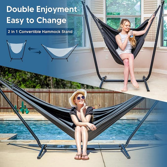SUNCREAT 2-in-1 Hammocks Convertible Portable Double Hammock with Stand Included, Outdoor Hammock and Stand, Patented, Dark Grey