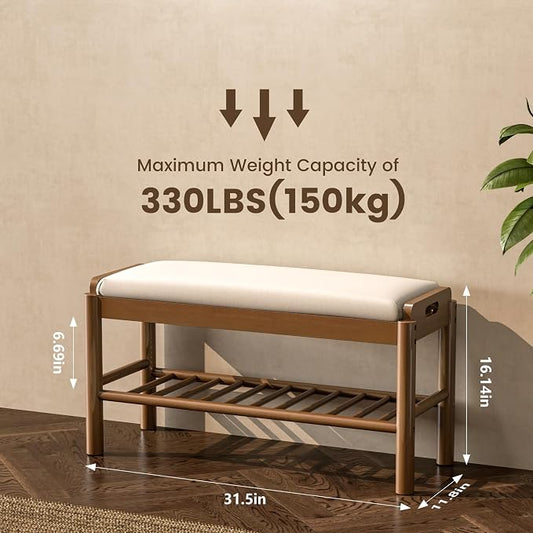 Entryway Shoe Storage Bench, 2-Tier Wood Shoe Rack with Cushion, Padded Seat Entryway Organizer with Shelf & Hidden Storage for Entry, Hallway, Living Room, Bedroom, Closet (Walnut, 31.5")