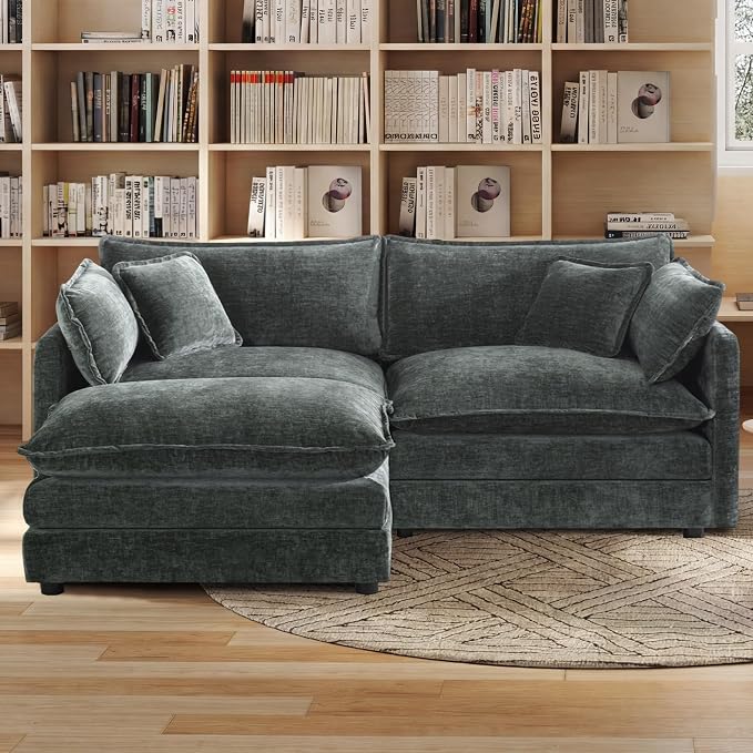 Modular Sectional Sofa with Ottoman: 76.7" Modern L Shaped Sectionals Cloud Couch, Comfy Couch Loveseat, 3 Seat Chenille Deep Seat Sofa with Pillow for Living Room,Bedroom Apartment,Small Spaces-Grey