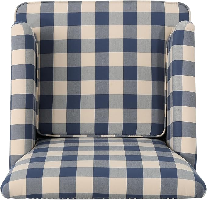 Christopher Knight Home Eve Modern Upholstered Club Chair, Wooden Living Room Accent Chair, Comfy Bedroom Reading Chair, Multifunctional Armchair, Blue Checkerboard