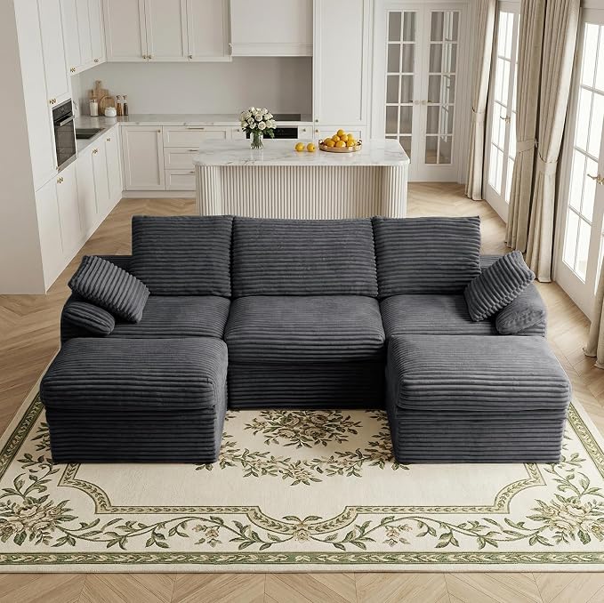 107" Modular U-Shaped Sectional Sofa with Storage, 3-Seat Corduroy Boneless Couch, 27" Deep Seat Cloud Couch & 2 Movable Ottoman, Tool-Free Assembly, Couch for Living Room, Grey