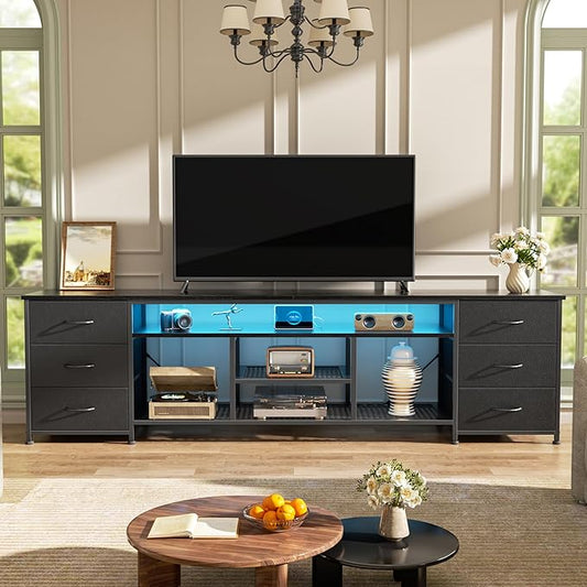 Furologee LED TV Stand for 65, 70, 80 Inch TV, 71 Inch Entertainment Center with Power Outlets, 6 Fabric Drawers Dresser for Bedroom, Media Console with Open Shelves, PU Leather Surface, Black