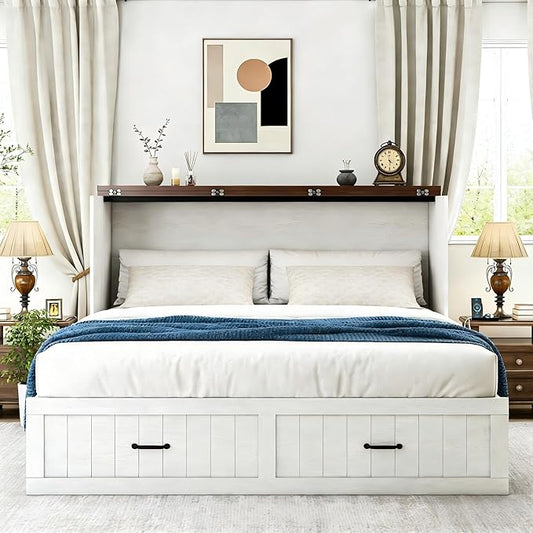 Full Murphy Bed with Charging Station, Farmhouse Noisy-Free Foldable Cabinet Bed Frame with Storage Drawer, Space Saving Hideaway Wall Bed for Guest Bedroom, Living Room, Office, White