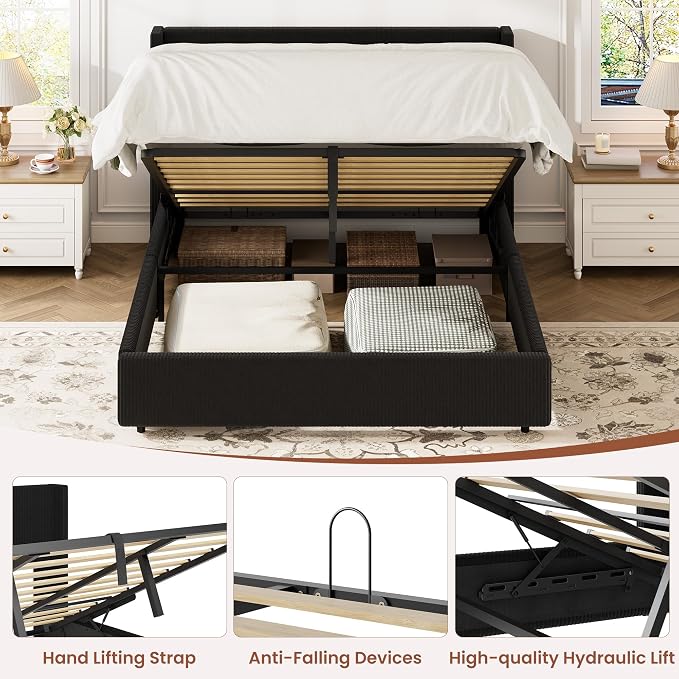 Garvee Full Lift Up Storage Bed Frame, Corduroy Upholstered Platform Bed with Gas Lift, Padded Headboard, Wooden Slat Support, No Box Spring Needed, Easy Assembly, Black