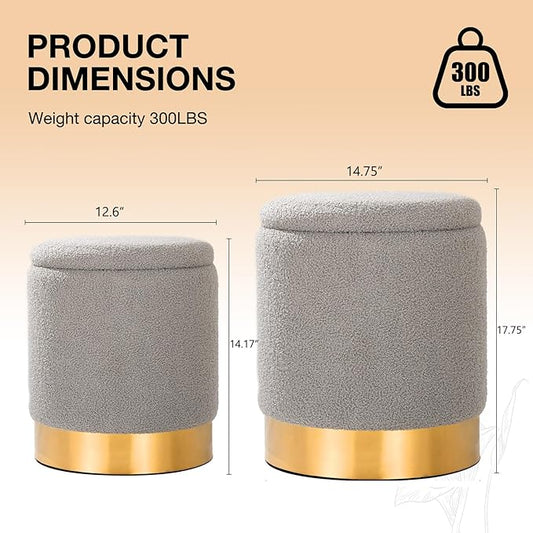 Round Ottoman with Storage Set of 2 Vanity Stool, Footstool with Removable Lid Small Ottoman Stool Small for Living Room, Bedroom, Hallway, Dorm, Assembly Free Teddy Fleece (Sherpa Gray)