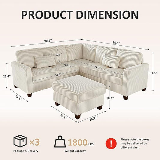 VANOMi Sectional Corner Couch, Corduroy L Shaped Sofa, 6-Seat Couch,Beige
