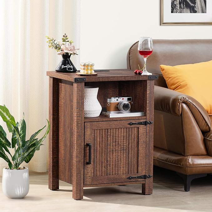 Joaxswe Night Stand with Charging Station and USB Port, 18 Inch Farmhouse Nightstand with Storage Shelf, Rustic Wood Bedside Table with Magnetic Door, Bed Side Tables for Bedroom, Reclaimed Barnwood