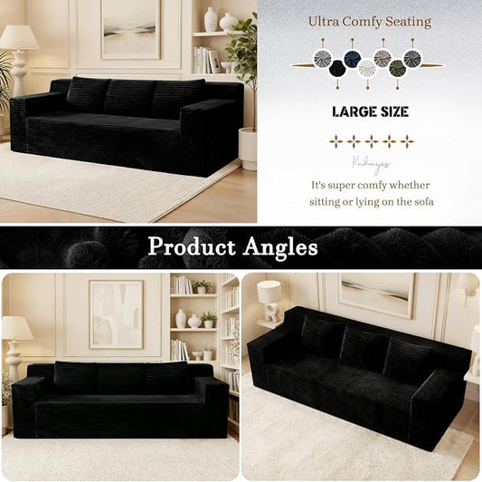 Kurhwyss 71" Corduroy Living Room Sofa, 3 Setaser Deep Seat Couch with 3 Lumbar Pillows, Comfy Boneless Sofa Modern Compressed Couch for Bedroom, Office, Apartment, No Assembly, Flat Armrests (Black)