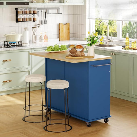 JY QAQA 39" Kitchen Island on Wheels with Storage Cabinet Kitchen Cart Cabinet with Shelves, Cart Handle for Towel Rack or Free Mobility, Portable Islands, Blue