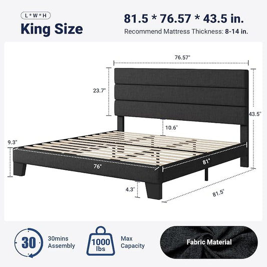 Allewie King Bed Frame Platform Bed with Fabric Upholstered Headboard and Wooden Slats Support, Fully Upholstered Mattress Foundation/No Box Spring Needed/Easy Assembly, Dark Grey