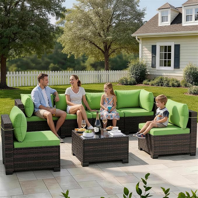 LAWELL 7 Pieces Outdoor Patio Furniture Sets,Rattan Conversation Sectional Set,Manual Weaving Wicker Patio Sofa with Tea Table