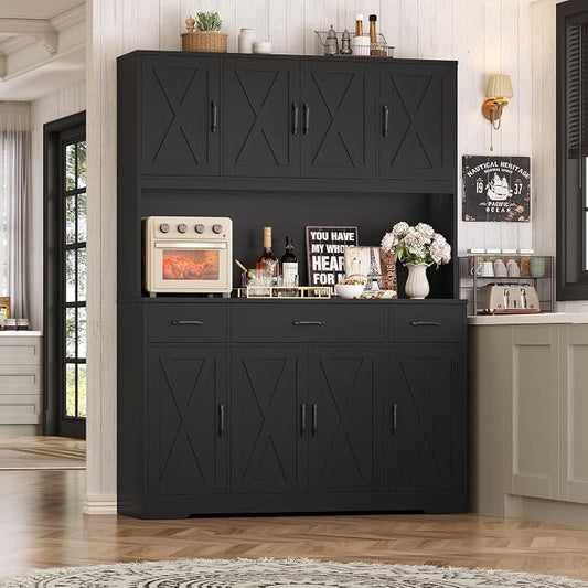 HOSTACK 71" Tall Pantry Cabinet with Charging Station, 55" Wide Kitchen Pantry Storage Cabinet with Countertop, Large Kitchen Hutch with Storage Drawers for Dining Room, Black Wood Grain