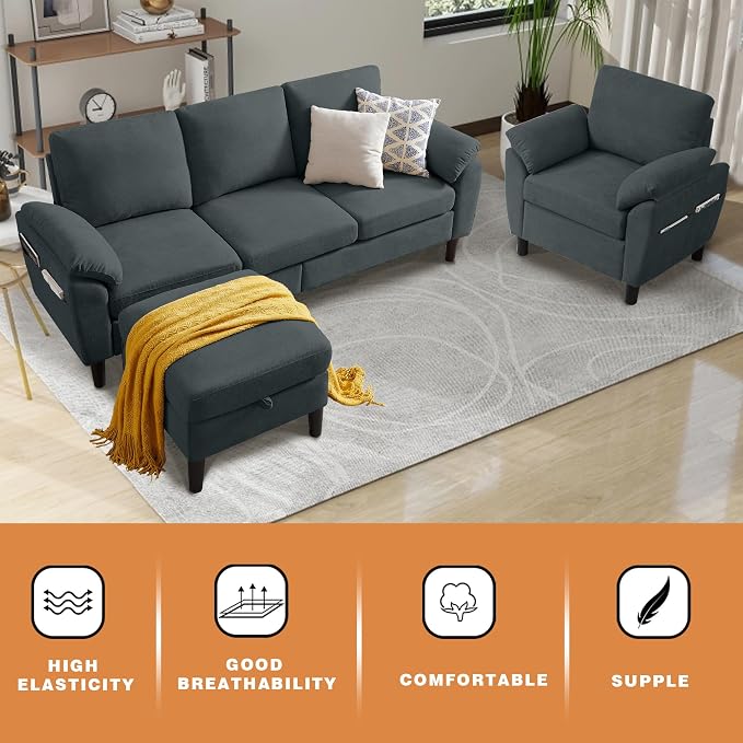 3 Piece Convertible Sectional Sofa Set, Modern Linen Small L Shaped Couch with Reversible Ottoman and Accent Chair, 3-Seat Sofa Couches for Living Room, Office, Apartment, Dark Grey