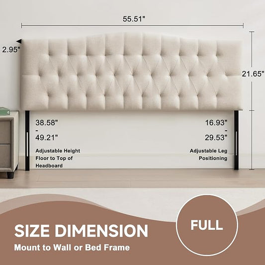Tufted Upholstered Full Size Headboard Only, Adjustable 38-50 in, Beige | Full Headboard for Full Size Bed, Durable Linen Fabric Headboards, Modern Diamon Design Wood Head Board