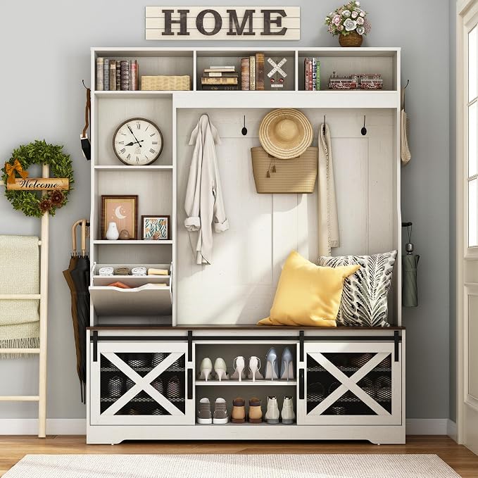 75''H 59''W Large LED Farmhouse Hall Tree with Bench and Shoe Storage,Entryway Bench with Coat Rack,16 Shoe Cubbies & Umbrella Holder and Sock Storage Drawer,Mudroom/Hallway Storages Cabinet(white )