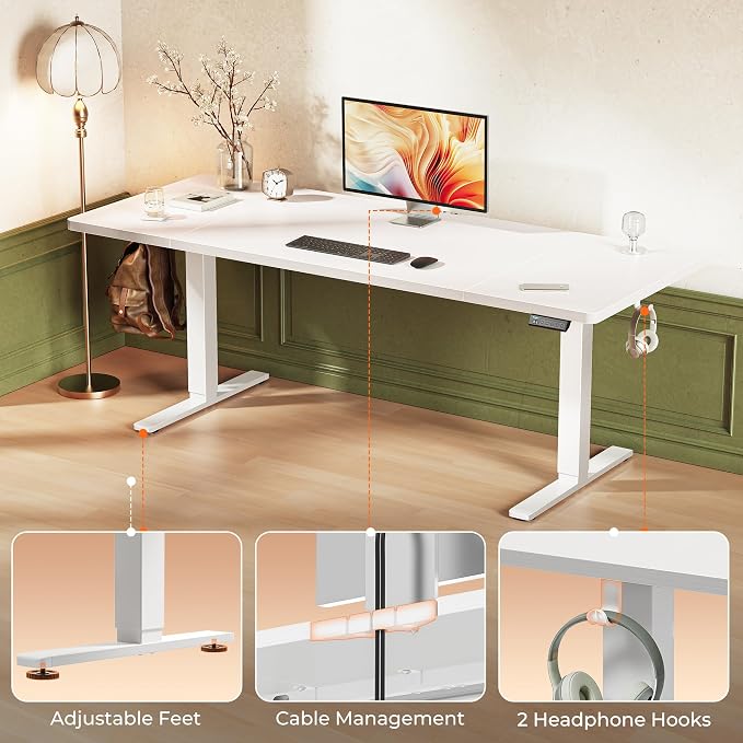 Huuger 71 x 30 Large Electric Standing Desk, Height Adjustable Computer Desk, 29.5" Deep Desktop, Stand up Gaming Office Table with 2 Hooks, 3 Preset Heights, for Home Office, White