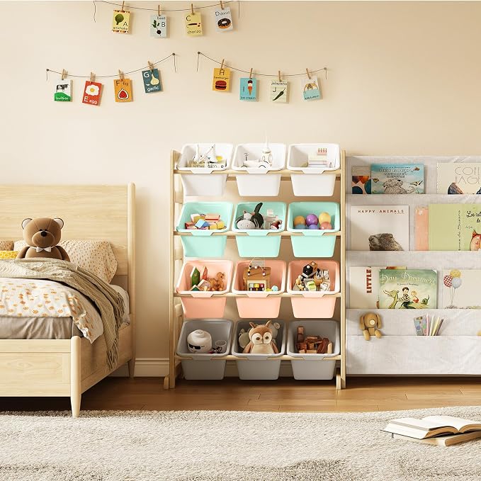 EXPERLAM Toy Storage Organizer with Bookshelf - 12 Storage Bins 4-Tier Multipurpose Shelf to Organize Toys and Books for Kids Room, Playroom, Nursery Room, Multi-Color