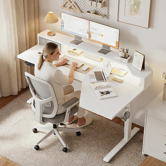 Agilestic 63 Inch L Shaped Electric Standing Desk with Shelf, Height Adjustable Large Desk with Power Outlet & LED, Corner Sit Stand Up Table with Monitor Stand, Computer Workstation, White