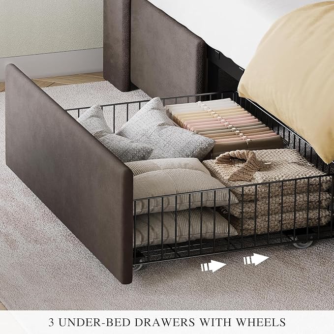 YITAHOME Queen Size Bed Frame with 3 Storage Drawers and RGB LED Lights, Velvet Upholstered Bed with Charging Station and Storage Headboard, No Box Spring Needed, Easy Assembly, Noise-Free, Grey
