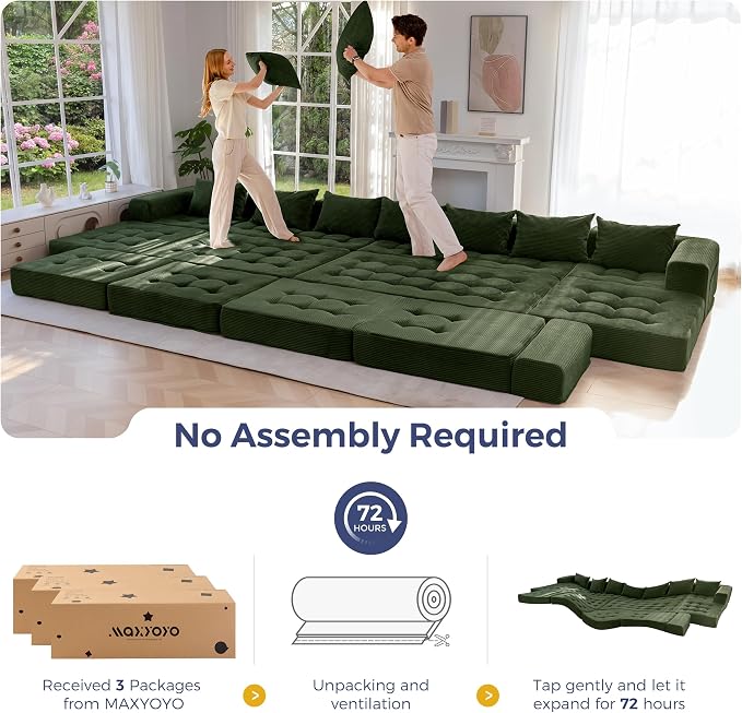 MAXYOYO Modular Sectional Sofa Couch, Foldable Oversized U Shaped Cloud Couch with Pillows, Tufted Boneless Lounger Floor Sofa Bed for Living Room, No Assembly Required, Dark Green