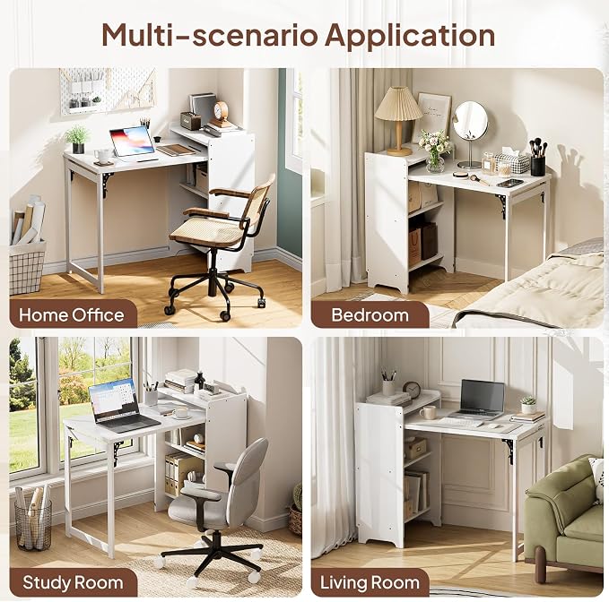 Bamboo Folding Desk with Storage, Space-Saving Foldable Computer Desk for Small Spaces, Writing Study Table for Home Office, Bedroom, Dorm, Apartment,Dark Brown