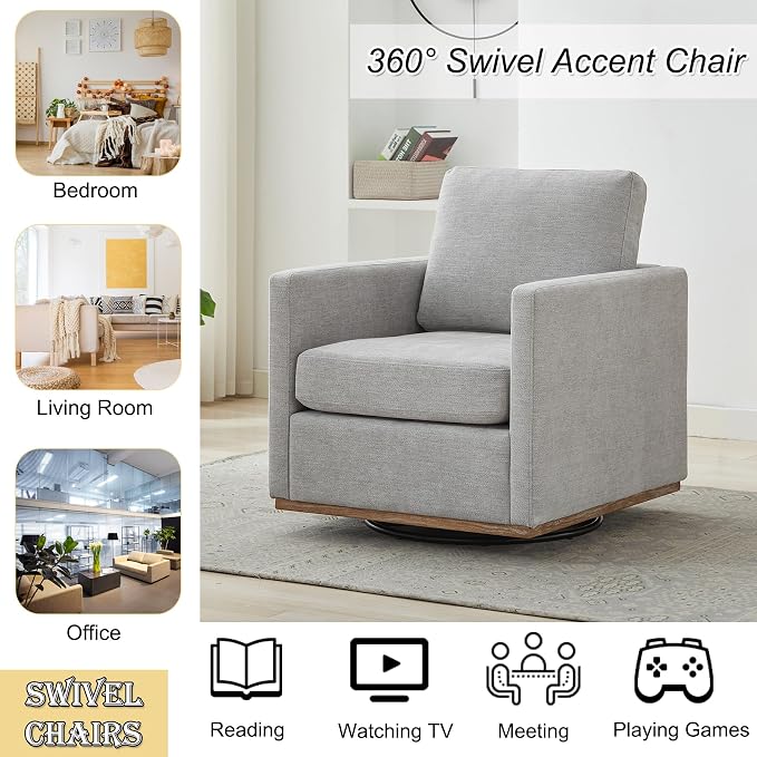 Swivel Accent Chair, 360 Degree Square Swivel Chair for Living Room, Mid Century Modern Upholstered Accent Barrel Chair,Comfy Sofa Armchairs for Bedroom,Nursery,Chenille, Grey