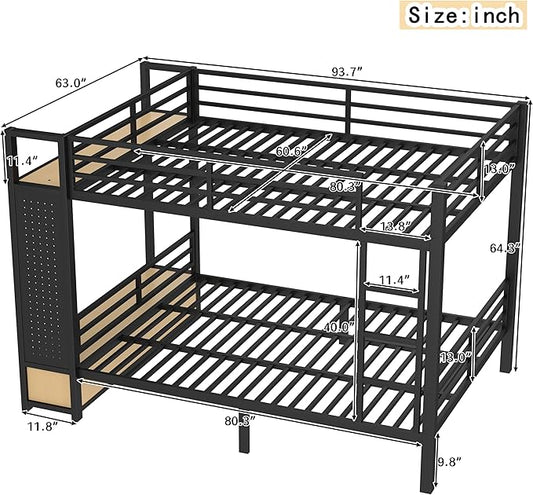 Bellemave Queen Over Queen Metal Bunk Bed with Storage Drawers and Shelves, Heavy Duty Bunk Beds with Pegboard and Coat Rack for Kids, Adults,Black