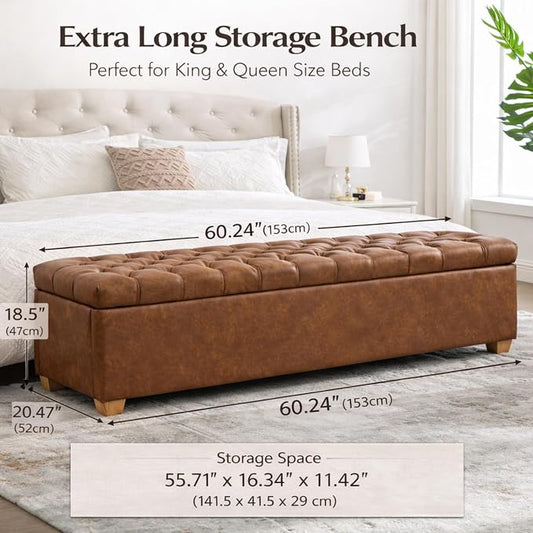60.2" Storage Bench, End of Bed Storage Benches, PU Fabric Upholstered Ottoman Bench with Safety Hinge for Living Room Entryway Bedroom Hallway